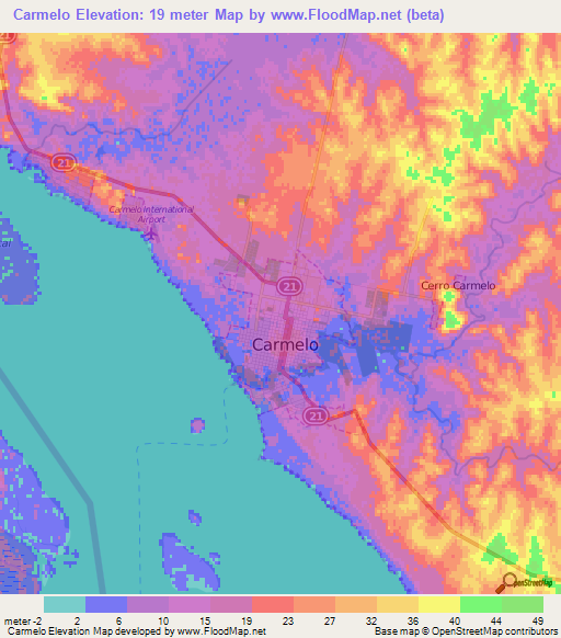Carmelo,Uruguay Elevation Map