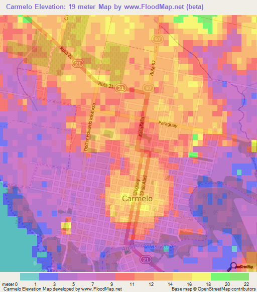 Carmelo,Uruguay Elevation Map
