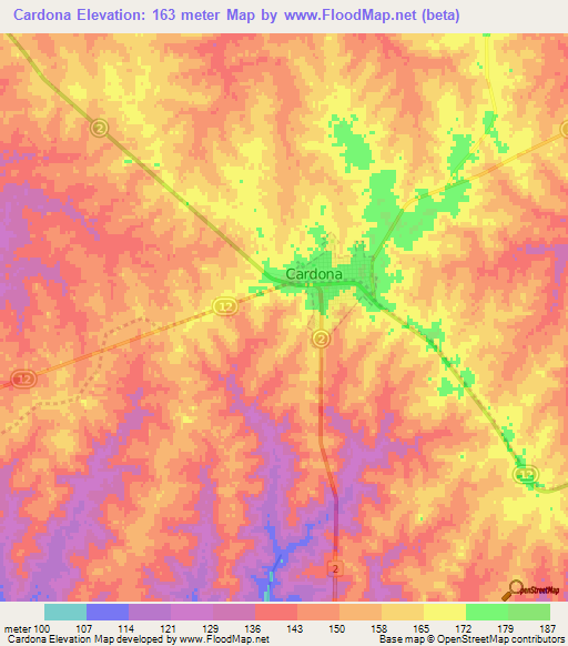 Cardona,Uruguay Elevation Map