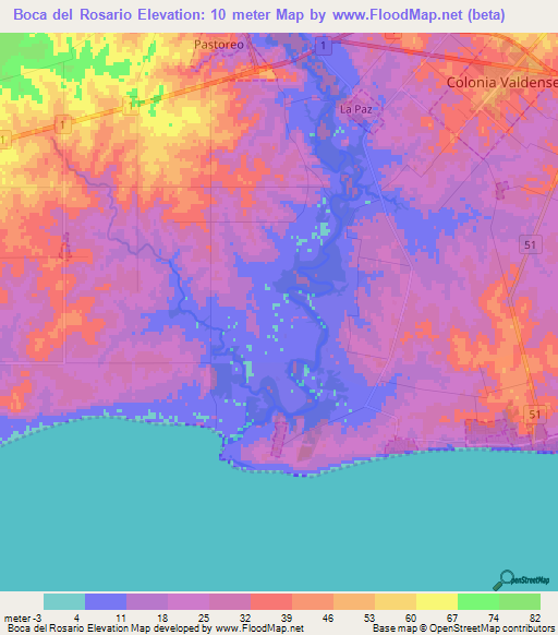 Boca del Rosario,Uruguay Elevation Map