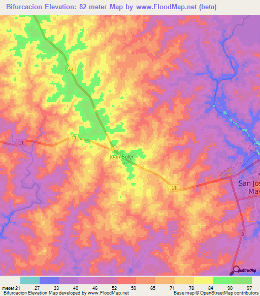 Bifurcacion,Uruguay Elevation Map