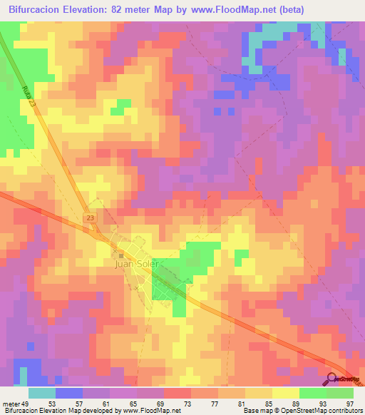 Bifurcacion,Uruguay Elevation Map