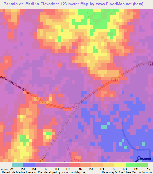 Banado de Medina,Uruguay Elevation Map
