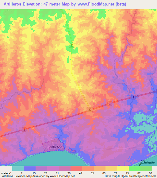 Artilleros,Uruguay Elevation Map