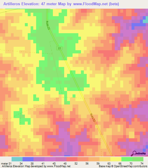 Artilleros,Uruguay Elevation Map