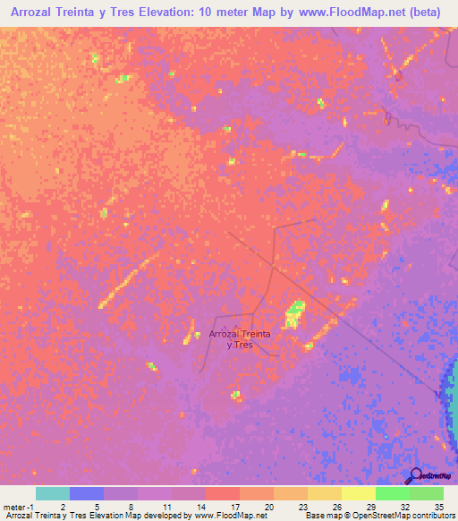 Arrozal Treinta y Tres,Uruguay Elevation Map