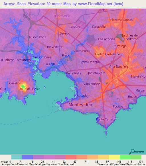 Arroyo Seco,Uruguay Elevation Map