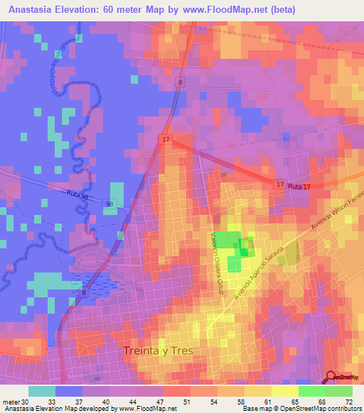 Anastasia,Uruguay Elevation Map