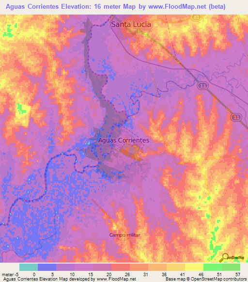 Aguas Corrientes,Uruguay Elevation Map