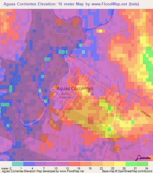Aguas Corrientes,Uruguay Elevation Map