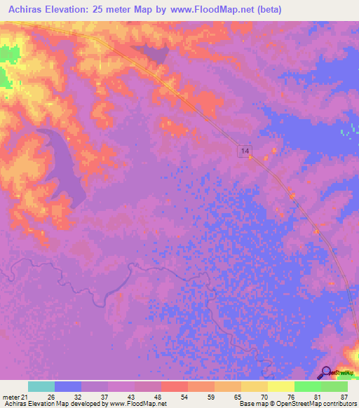 Achiras,Uruguay Elevation Map