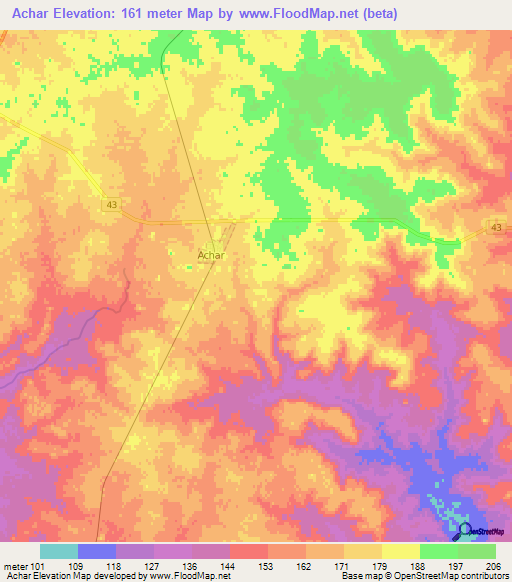 Achar,Uruguay Elevation Map