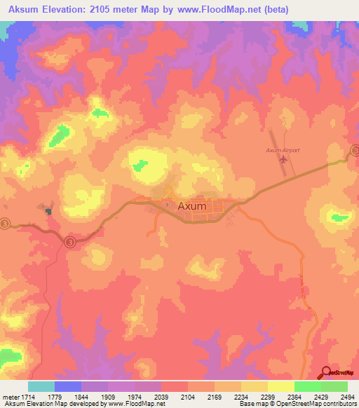 Aksum,Ethiopia Elevation Map