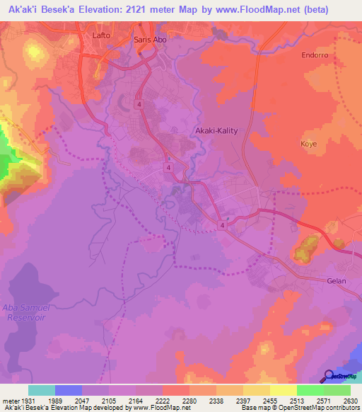 Ak'ak'i Besek'a,Ethiopia Elevation Map