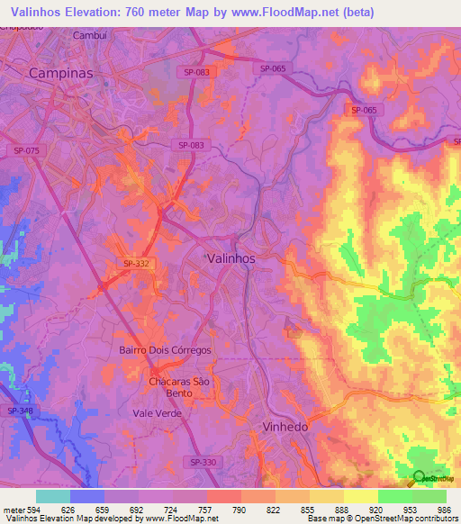 Valinhos,Brazil Elevation Map