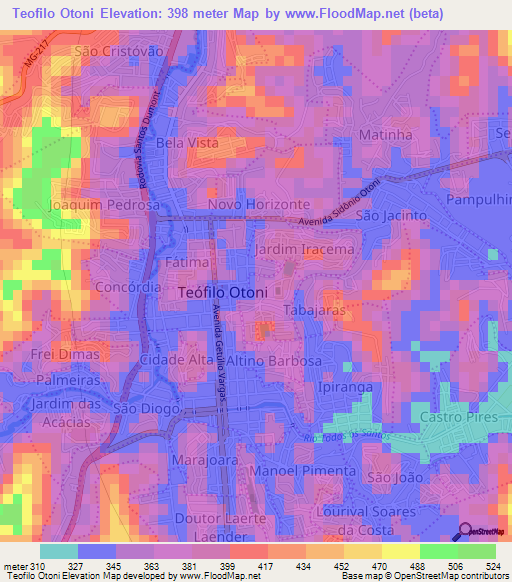 Teofilo Otoni,Brazil Elevation Map