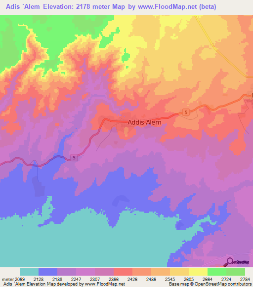 Adis `Alem,Ethiopia Elevation Map