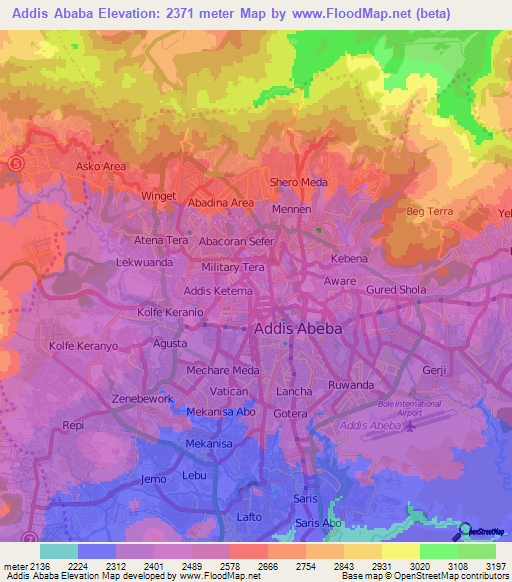 Addis Ababa,Ethiopia Elevation Map