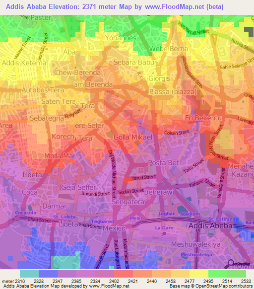 Addis Ababa,Ethiopia Elevation Map