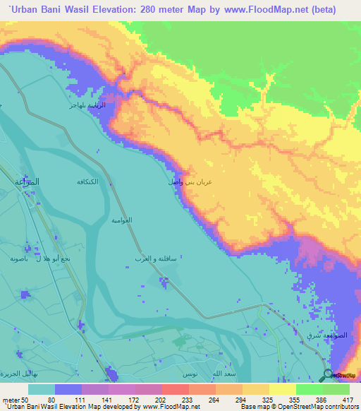 `Urban Bani Wasil,Egypt Elevation Map