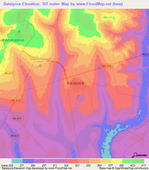 Bataipora,Brazil Elevation Map