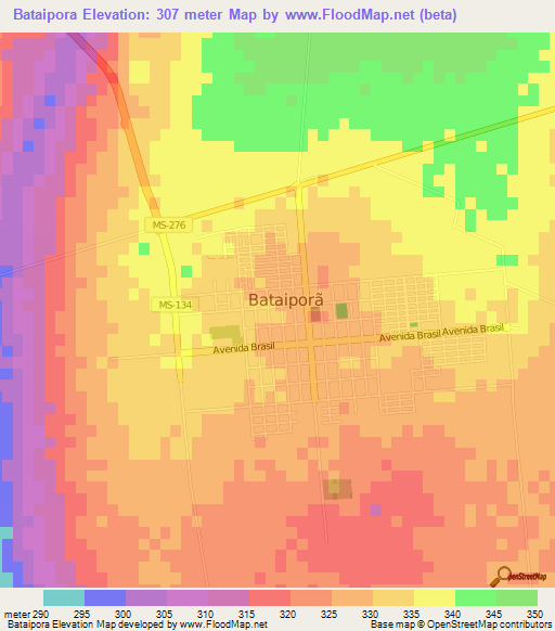 Bataipora,Brazil Elevation Map