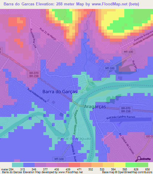 Barra do Garcas,Brazil Elevation Map