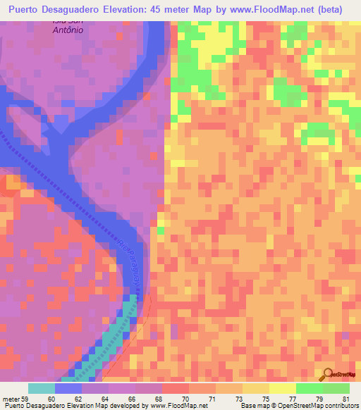 Puerto Desaguadero,Paraguay Elevation Map
