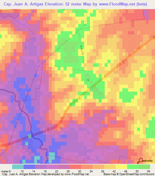 Cap. Juan A. Artigas,Uruguay Elevation Map
