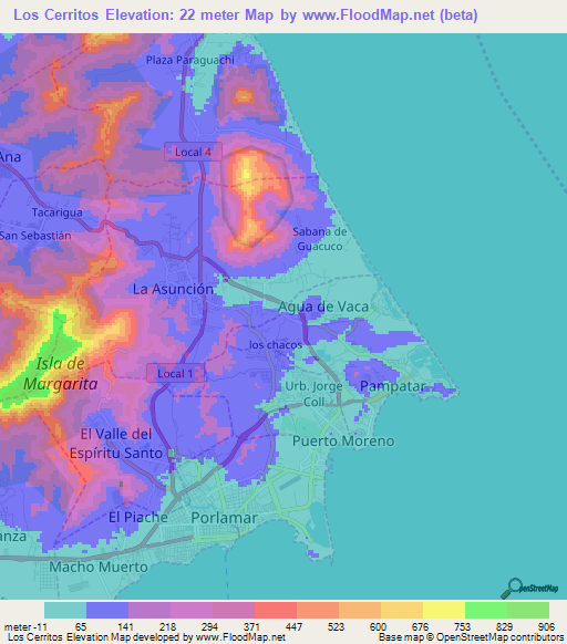 Los Cerritos,Venezuela Elevation Map