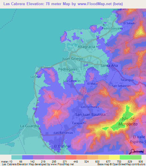 Las Cabrera,Venezuela Elevation Map