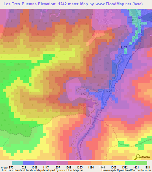 Los Tres Puentes,Venezuela Elevation Map