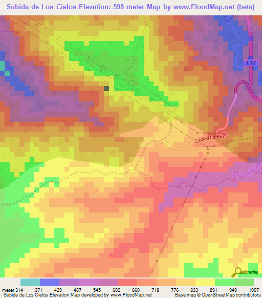 Subida de Los Cielos,Venezuela Elevation Map