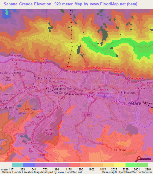 Sabana Grande,Venezuela Elevation Map