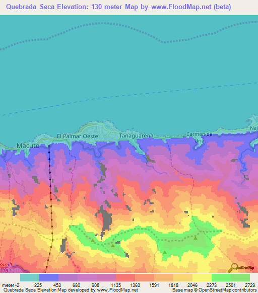 Quebrada Seca,Venezuela Elevation Map