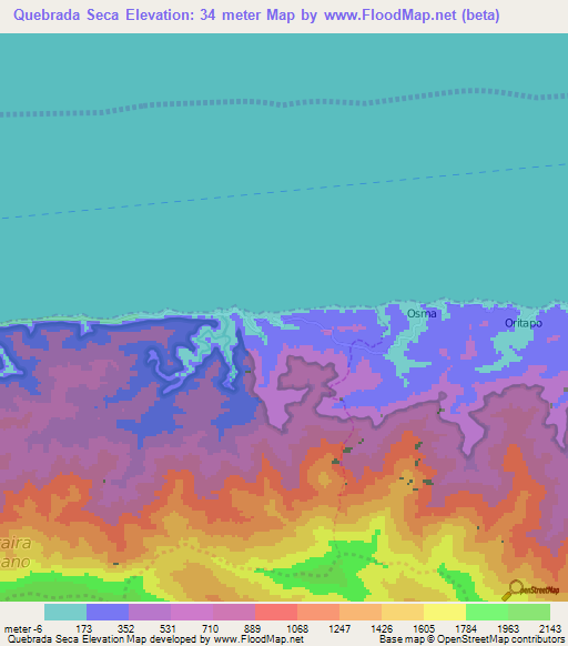 Quebrada Seca,Venezuela Elevation Map