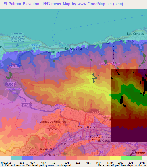 El Palmar,Venezuela Elevation Map