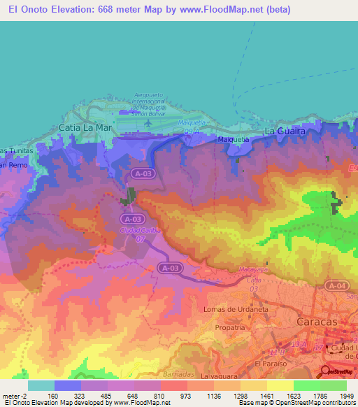 El Onoto,Venezuela Elevation Map
