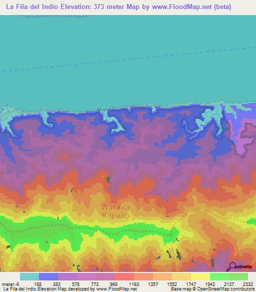 La Fila del Indio,Venezuela Elevation Map