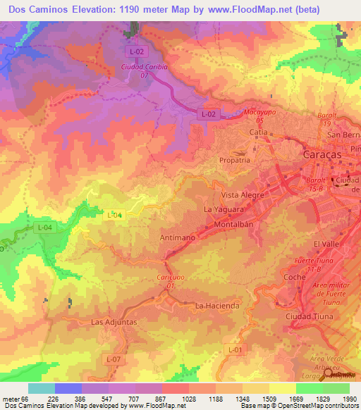 Dos Caminos,Venezuela Elevation Map