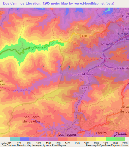 Dos Caminos,Venezuela Elevation Map