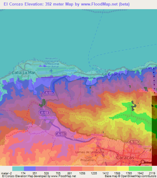 El Corozo,Venezuela Elevation Map
