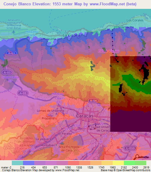 Conejo Blanco,Venezuela Elevation Map