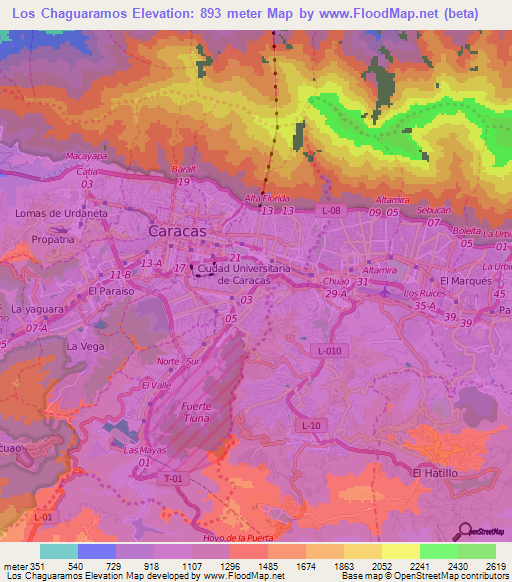 Los Chaguaramos,Venezuela Elevation Map