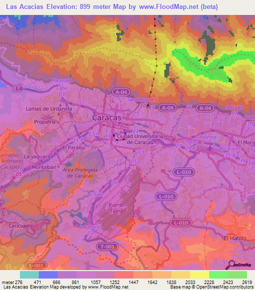 Las Acacias,Venezuela Elevation Map