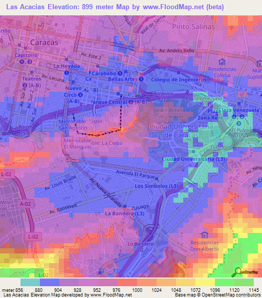 Las Acacias,Venezuela Elevation Map
