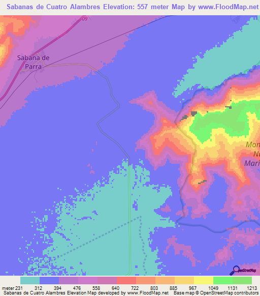Sabanas de Cuatro Alambres,Venezuela Elevation Map