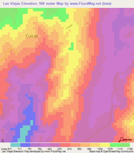 Las Viejas,Venezuela Elevation Map