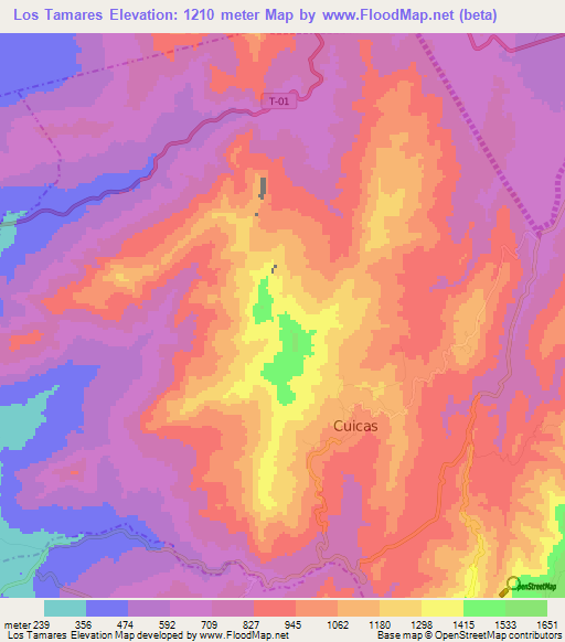 Los Tamares,Venezuela Elevation Map