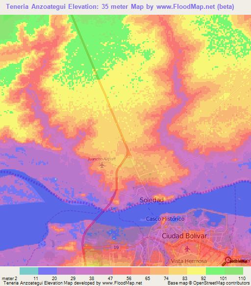 Teneria Anzoategui,Venezuela Elevation Map